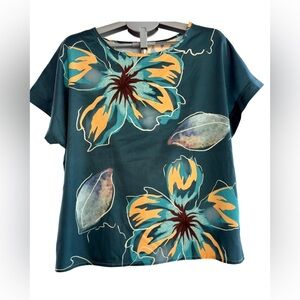 Teal Floral Blouse XL Boho Tropical Print Dolman Sleeve Top